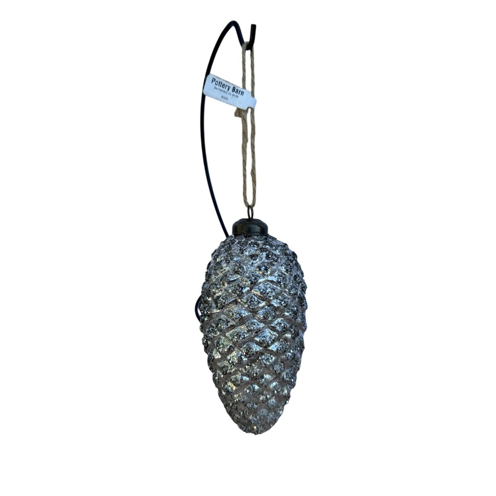 Pottery Barn Glitter Pinecone Ornament Silver Rare Christmas Decor NWT